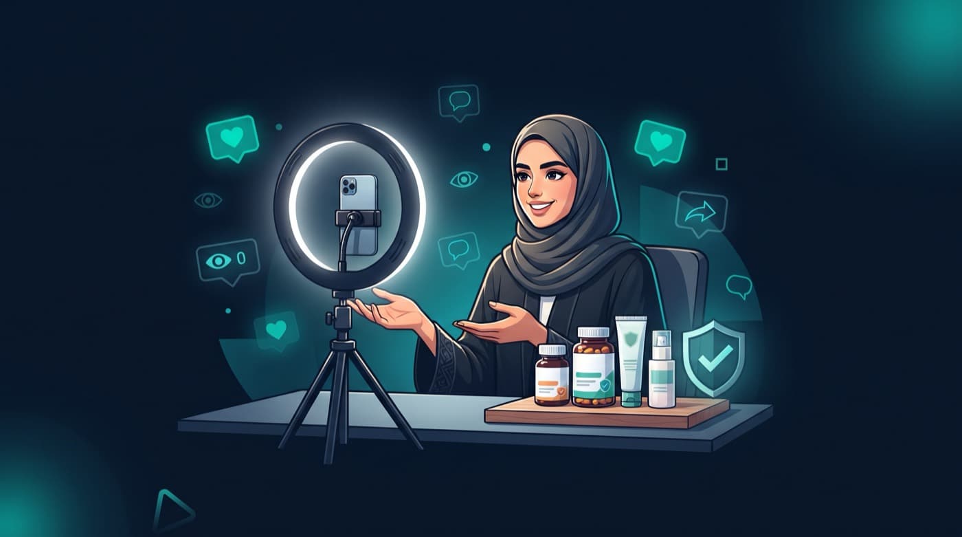 Saudi content creator recording a consumer health product review for social media
