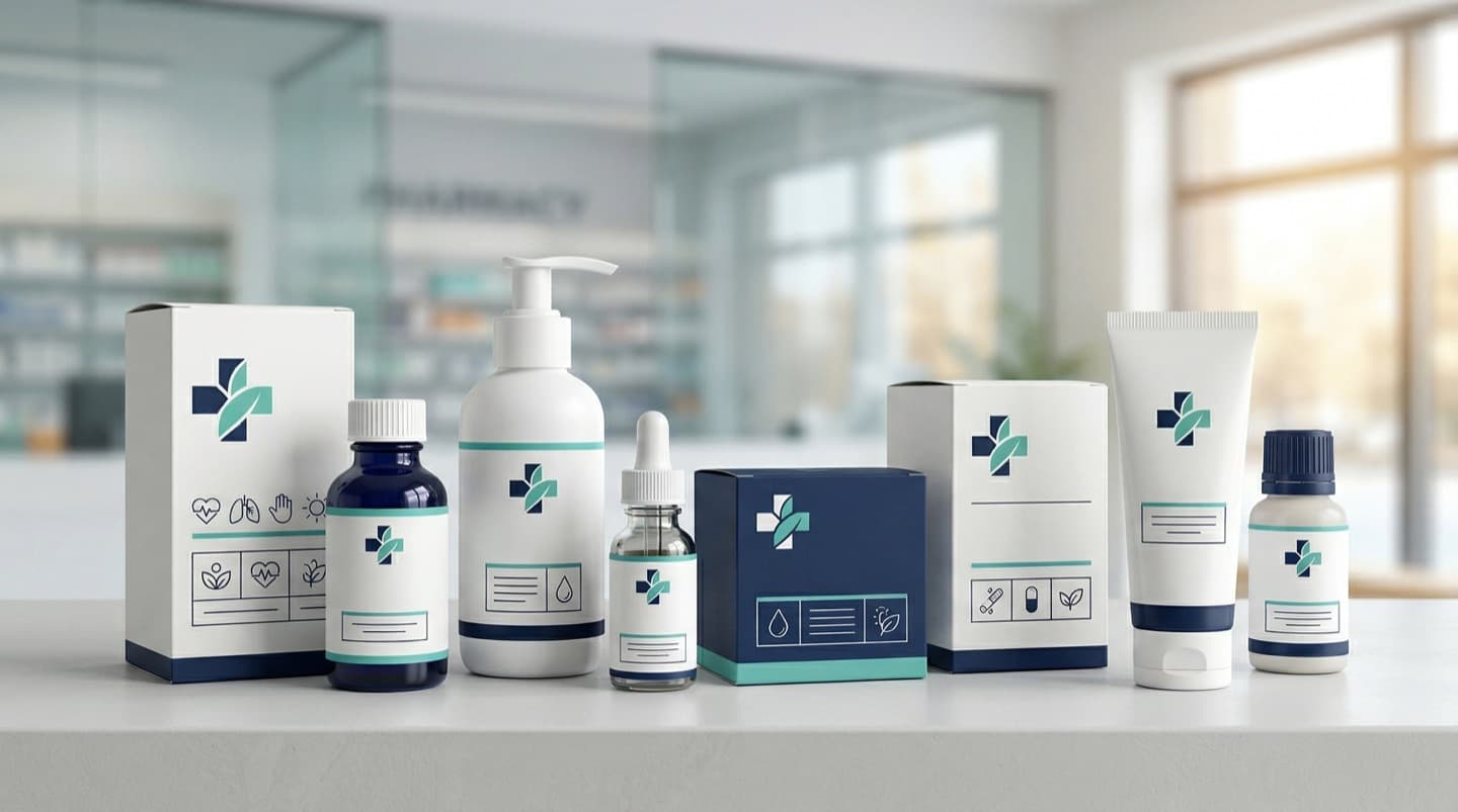 Pharmacy shelf showing branded versus private label healthcare products